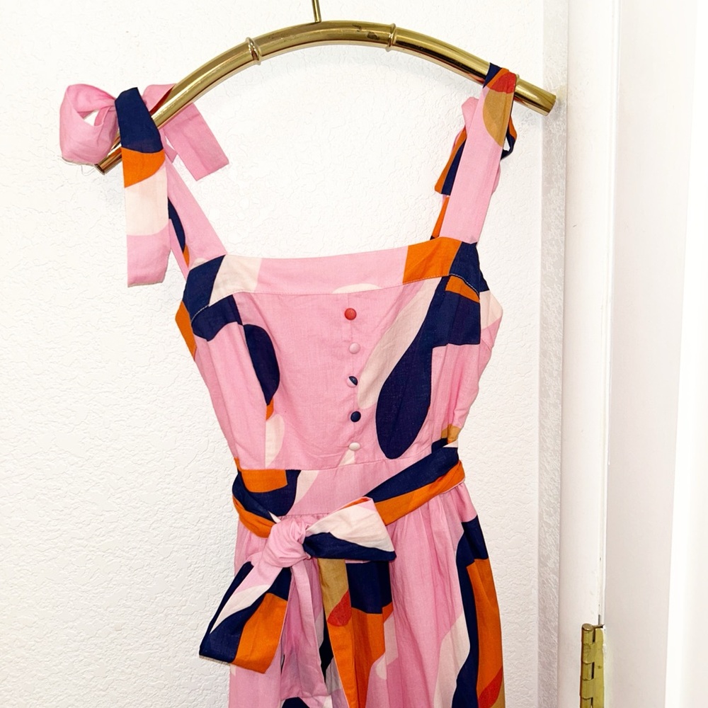 CIEBON The Roma 💯 Cotton Belted Maxi Dress Tie Straps Pink Abstract SZ: Small - Picture 4 of 15